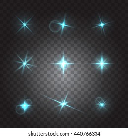 Set of flash lights and shiny glitter, vector illustration