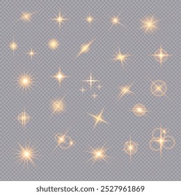 Set of Flash. Realistic flares. Glowing effects. Photo camera light or sunlight reflection from lens. Stars in space. Isolated Glitter network. Sparkle glares. Vector