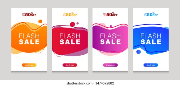 Set of flash sale banners with dynamic modern liquid mobile concept. special offer and sale banner discount up to 50% template design with editable text - Vector