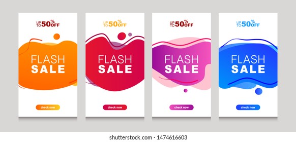 Set of flash sale banners with dynamic modern liquid mobile concept. special offer and sale banner discount up to 50% template design with editable text - Vector