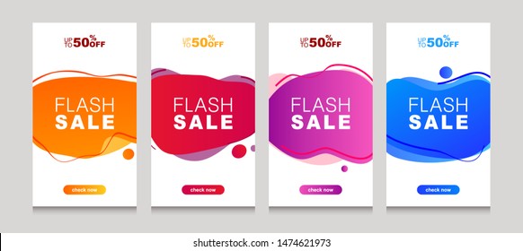 Set of flash sale banners with dynamic modern liquid mobile concept. special offer and sale banner discount up to 50% template design with editable text - Vector