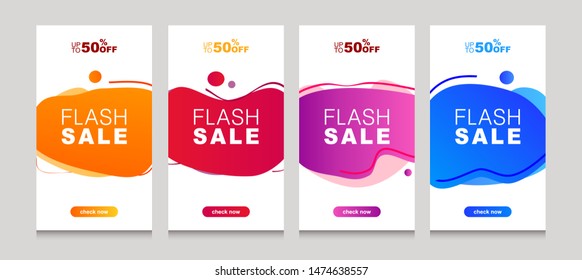 Set of flash sale banners with dynamic modern liquid mobile concept. special offer and sale banner discount up to 50% template design with editable text - Vector