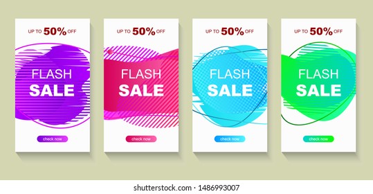 Set of flash sale banners with dynamic modern liquid mobile concept.  Sale banner template design, Flash sale special offer. Vector Discount Banner Promotion Template. Set of bright sale banners