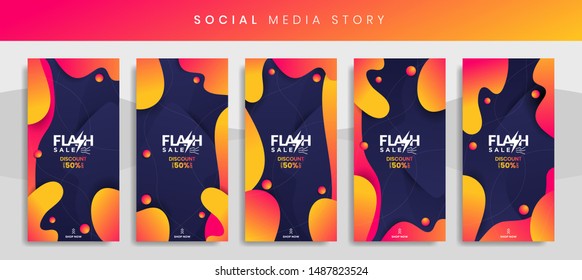 Set von Flash-Verkaufsbannern mit dynamischem, modernen, abstrakten Hintergrund. Orangefarbenes Gelb mit moderner flüssiger Flüssigkeit. Bereit für die Verwendung im Web oder Print. Template für Social Media Story Highlight eps10