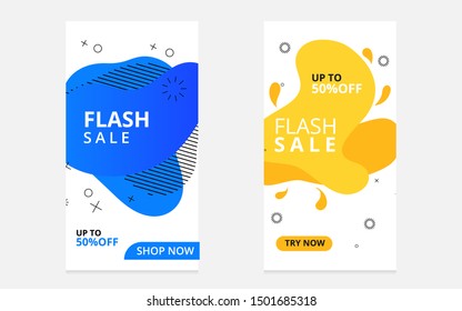 Set of flash sale banners with dynamic modern liquid mobile concept. special offer and sale banner discount up to 50% template design
