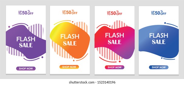Set of flash sale banners with dynamic modern liquid mobile concept. special offer and sale banner discount up to 50% template design with editable text.