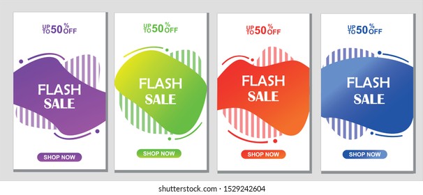 Set of flash sale banners with dynamic modern liquid mobile concept. special offer and sale banner discount up to 50% template design with editable text, instagram sale, facebook sale