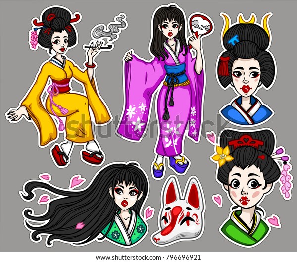 Set Flash Style Japanese Oriental Patches Stock Image Download Now