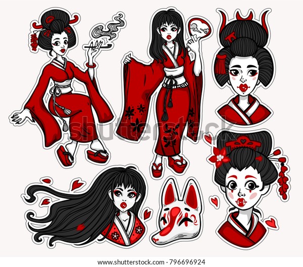 Set Flash Style Japanese Oriental Patches People Stock Image