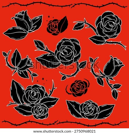 Set of flash tattoo goth style roses, thorns and buds. Rose tattoos vintage collection. Rose flowers, buds and green leaves in red background. Vector Illustration 