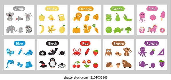 Set of flashcards with colors. Learning colors for kids. 