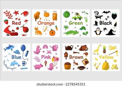 Set of flashcards with colors. Learning colors for kids. Worksheet for children, preschool. education of children