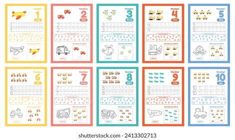 Set of flashcards with numbers for preschool kids from 1 to 10. Worksheets with many exersices