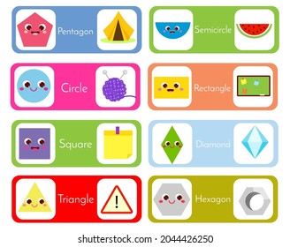 Set of flashcards wtih forms and objects. Geometric shapes in life cards. Educational material for children and kids. Circle, square, triangle and other basic shapes and real objects