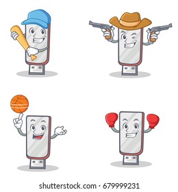 Set of flashdisk character with baseball cowboy basketball boxing