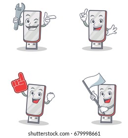 Set of flashdisk character with mechanic foam finger flag