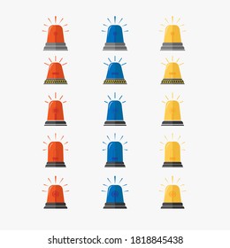 Set of Flasher icon, siren, emergency lamp, warning sign, police alarm, ambulance alarm, flasher firefighters, medical alert vector illustration template in flat style.   