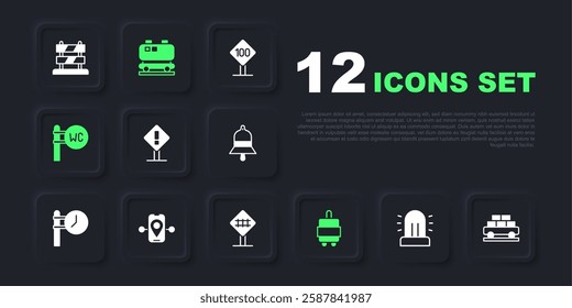 Set Flasher siren, Cargo train wagon, Exclamation mark square, Suitcase, Toilet, Route location, Oil railway cistern and Railroad crossing icon. Vector