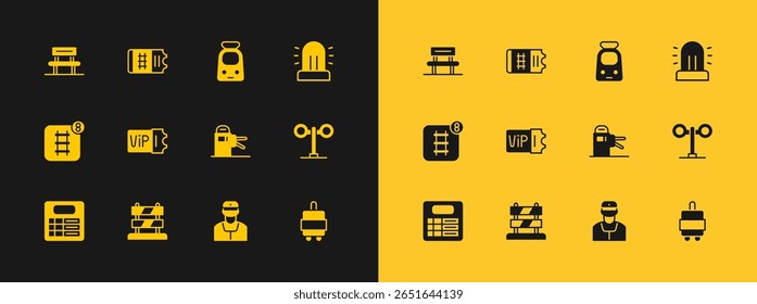 Set Flasher siren, End of railway tracks, Turnstile, Train conductor, ticket, and, Waiting hall and  icon. Vector