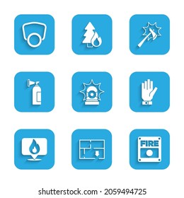 Set Flasher siren, Evacuation plan, Fire alarm system, Firefighter gloves, Location with fire flame, extinguisher, axe and Gas mask icon. Vector