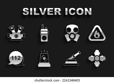 Set Flasher siren, Fire flame in triangle, Firefighter, hose reel, Emergency call, Gas mask, hydrant and Walkie talkie icon. Vector