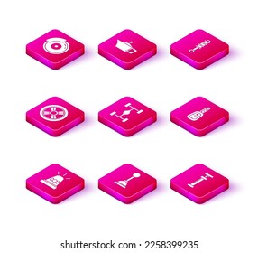 Set Flasher siren, Gear shifter, Car wheel, Chassis car, , key with remote, Shock absorber and Canister for motor machine oil icon. Vector