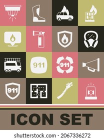 Set Flasher siren, Megaphone, Gas mask, Burning car, Fire extinguisher, Location with fire flame, Smoke alarm system and protection shield icon. Vector