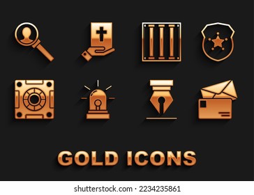 Set Flasher siren, Police badge, Envelope, Fountain pen nib, Safe, Prison window, Magnifying glass for search and Oath the Holy Bible icon. Vector