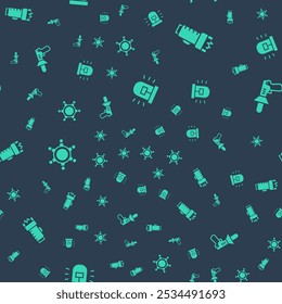 Set Flasher siren, Police electric shocker, Hexagram sheriff and megaphone on seamless pattern. Vector