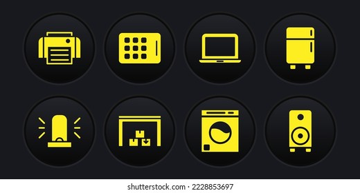 Set Flasher siren, Kühlschrank, Lager, Washer, Laptop, Grafiktablette, Stereo-Lautsprecher und Drucker Symbol. Vektorgrafik