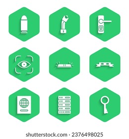Set Flasher siren, Server, Data, Web Hosting, Old key, Thief eye mask, Passport, Eye scan, Door handle and Bullet icon. Vector