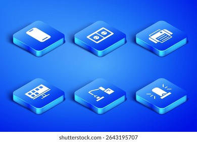 Set Flasher siren, Smartphone, Robotic robot arm hand factory, Tv, Electrical outlet and Printer icon. Vector