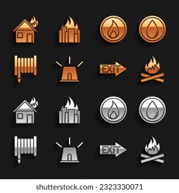 Set Flasher siren, Water drop, Campfire, Fire exit, hose reel, flame, in burning house and buildings icon. Vector