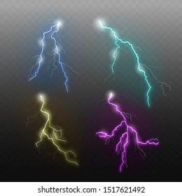 A set of flashes of electric lightning during a thunderstorm. Lightning and thunderbolt. Realistic vector illustration on a transparent background.