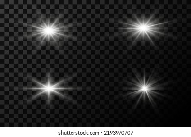 Set of flashes of light and bright rays, reflection of light, light through the lens on a transparent background