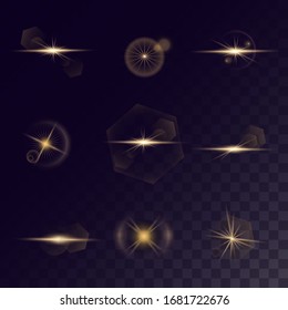 A set of flashes of light, lights and sparks. Abstract golden lights isolated on transparent background. Bright golden flashes and highlights. Bright rays of light. Vector illustration
