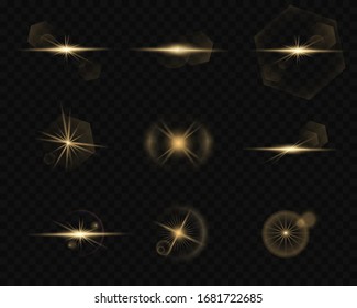 A set of flashes of light, lights and sparks. Abstract golden lights isolated on transparent background. Bright golden flashes and highlights. Bright rays of light. Vector illustration
