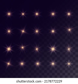 Conjunto de destellos de luz, luces y chispas. Resumen de luces doradas aisladas en un fondo transparente. Luminosos destellos dorados y resaltados. Ilustración del vector