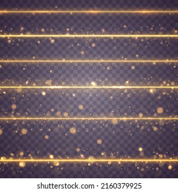 Set of flashes, lights effects, Sparkles. Bright gold glares on transparent background. Abstract golden lights. Yellow horizontal lens flares pack. Laser beams, light rays, lines. Vector illustration.
