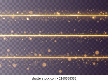 Set of flashes, lights effects, Sparkles. Bright gold glares on transparent background. Abstract golden lights. Yellow horizontal lens flares pack. Laser beams, light rays, lines. Vector illustration.