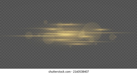 Set of flashes, lights effects, Sparkles. Bright gold glares on transparent background. Abstract golden lights. Yellow horizontal lens flares pack. Laser beams, light rays, lines. Vector illustration.