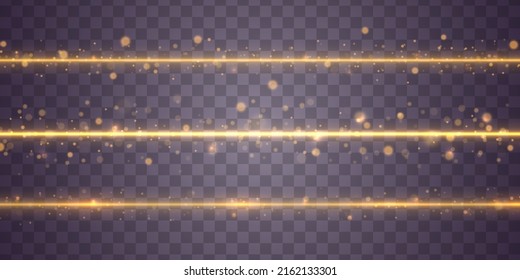 Set of flashes, lights effects, Sparkles. Bright gold glares on transparent background. Abstract golden lights. Yellow horizontal lens flares pack. Laser beams, light rays, lines. Vector illustration.