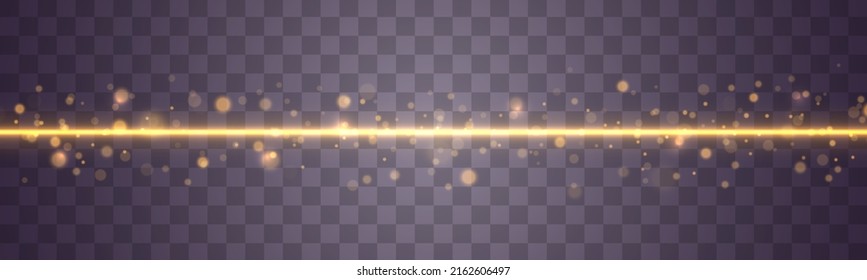 Juego de destellos, efectos de luces, Parkles. El oro brillante brilla en un fondo transparente. Resumen de luces doradas. Paquete de bengalas horizontales amarillas. Vigas láser, rayos de luz, líneas. Ilustración vectorial.
