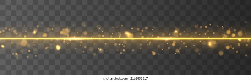 Juego de destellos, efectos de luces, Parkles. El oro brillante brilla en un fondo transparente. Resumen de luces doradas. Paquete de bengalas horizontales amarillas. Vigas láser, rayos de luz, líneas. Ilustración vectorial.