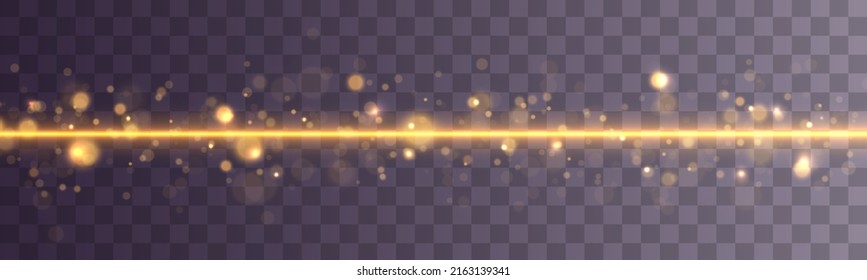 Juego de destellos, efectos de luces, Parkles. El oro brillante brilla en un fondo transparente. Resumen de luces doradas. Paquete de bengalas horizontales amarillas. Vigas láser, rayos de luz, líneas. Ilustración vectorial.