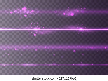 Set of flashes, lights effects, sparkles. Bright purple glares on transparent background. Abstract violet lights. Violet horizontal lens flares pack. Laser beams, light rays, lines. Vector.