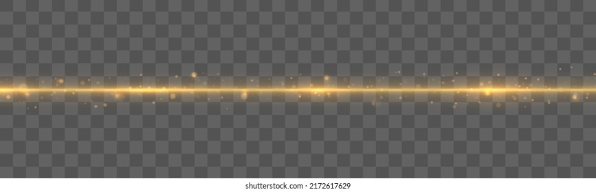 Set of flashes, lights effects, Sparkles. Bright gold glares on transparent background. Abstract golden lights. Yellow horizontal lens flares pack. Laser beams, light rays, lines. Vector illustration.