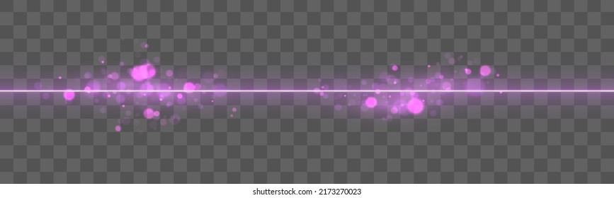 Juego de destellos, efectos de luces, Parkles. Bombillas violetas en fondo transparente. Resumen de luces violetas. Paquete de bengalas horizontales violetas. Vigas láser, rayos de luz, líneas. Vector.