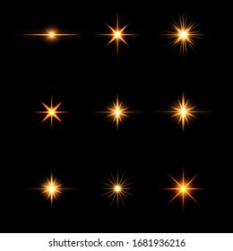 Set of flashes , Lights and Sparkles. Bright gold flashes and glares.To center a bright flash. Bright Star.Transparent shining sun, bright flash.Stosk vector illustration on black isolated background.