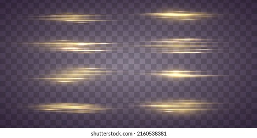 Juego de destellos, luces, espárragos. El oro brillante brilla en un fondo transparente. Resumen de luces doradas. Paquete de bengalas horizontales amarillas. Vigas láser, rayos de luz, líneas. Ilustración vectorial. 